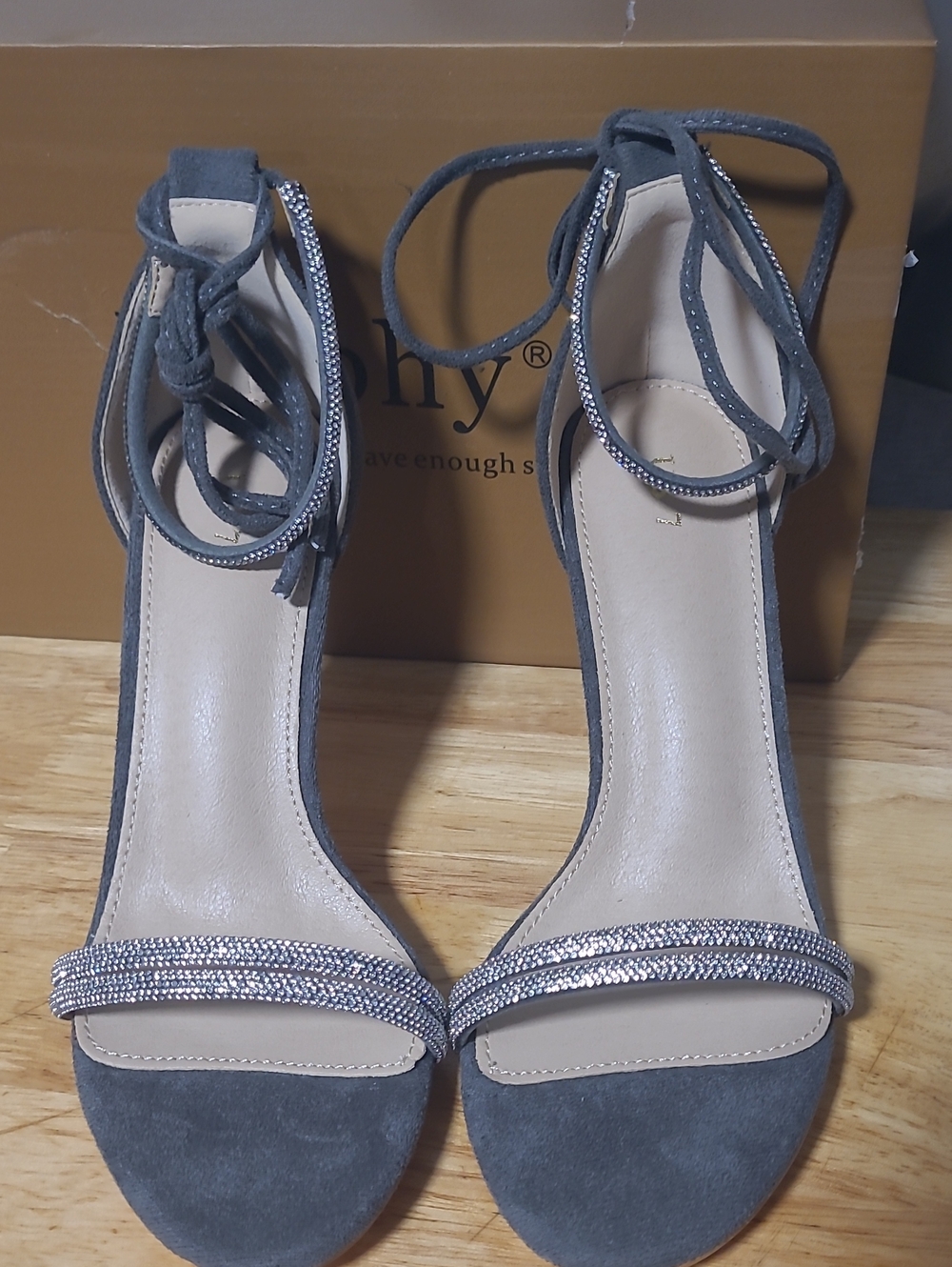 Gray Suede Ankle-Tie Heels with Crystal Strap